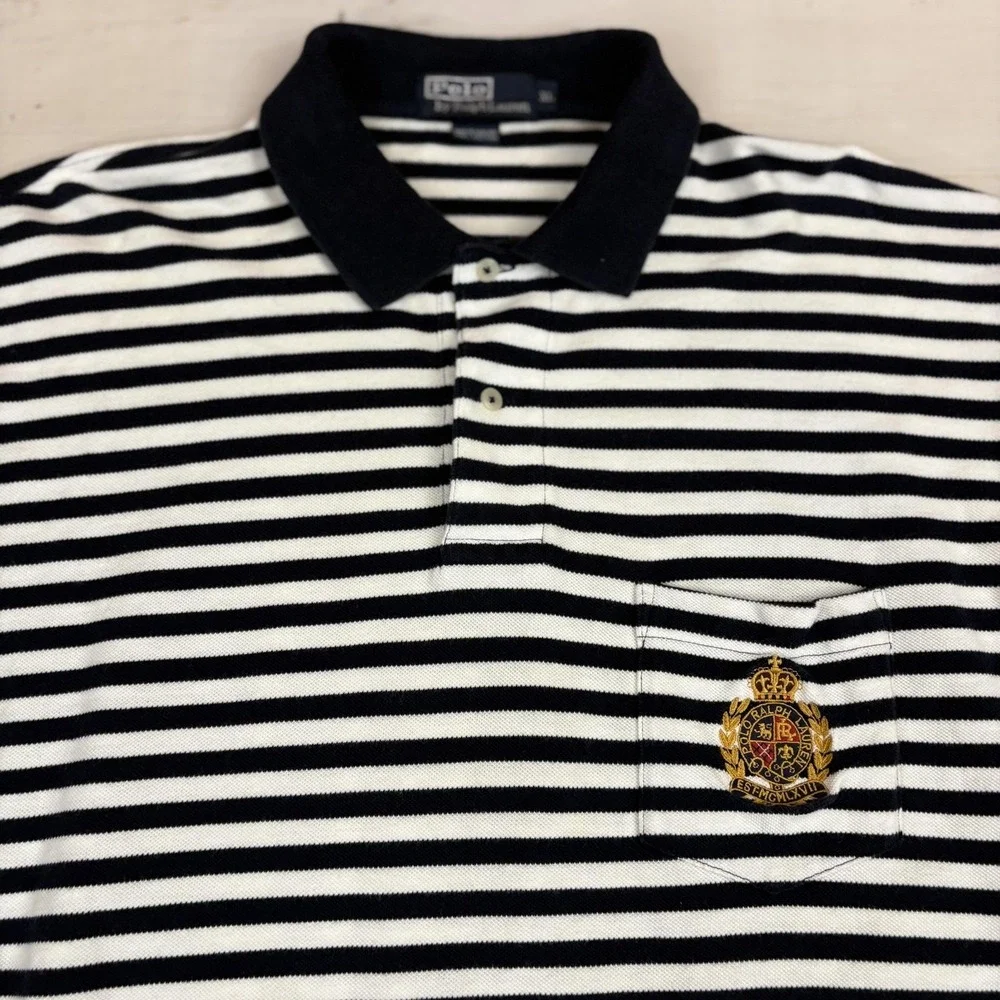 Polo Ralph Lauren Crest Polo Shirt Mens XL Black Striped Embroidered Pocket